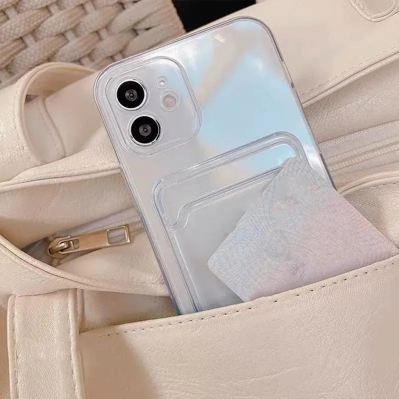 Transparent clear PVC iPhone case with card slots on back for Apple models.