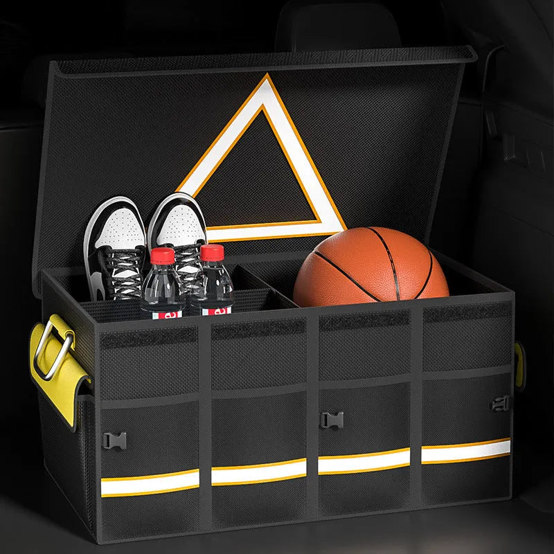 Black and yellow foldable car storage bag with handle in three size options