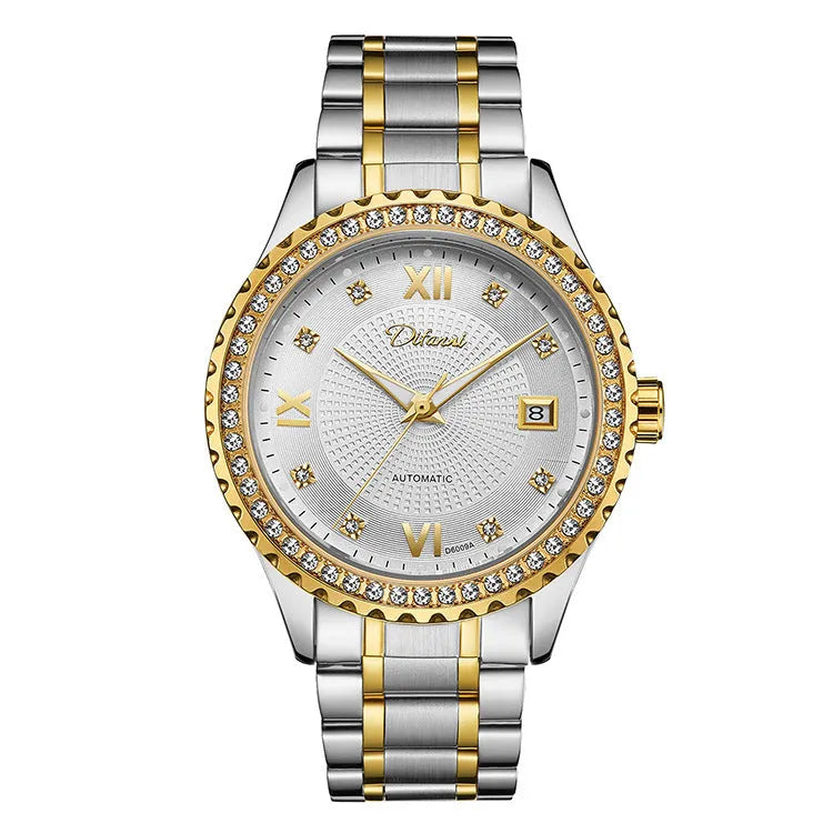 Men's gold automatic mechanical watch with luminous hands on a black dial, showing a 13mm thick waterproof case.