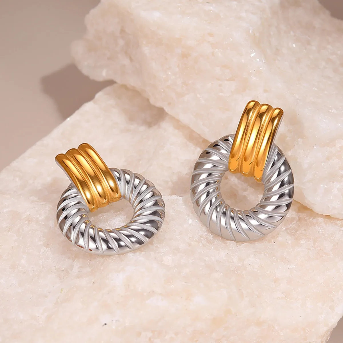 Stainless steel geometric earrings with 18K electroplating, gold and silver colour matching, one pair