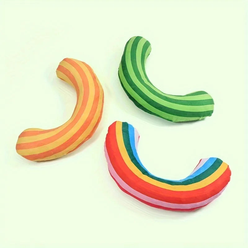 Striped pattern cat pillow toy with noise maker and catnip strip measuring 23 by 20 centimetres