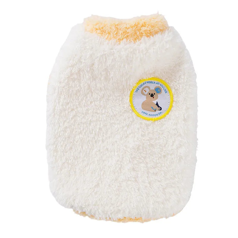 Yellow two-legged fleece pet coat with koala patch for small dogs and cats, sizes XS to XXL.