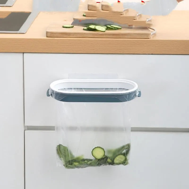 Blue plastic kitchen garbage bag storage rack on a cabinet holding rubbish bags