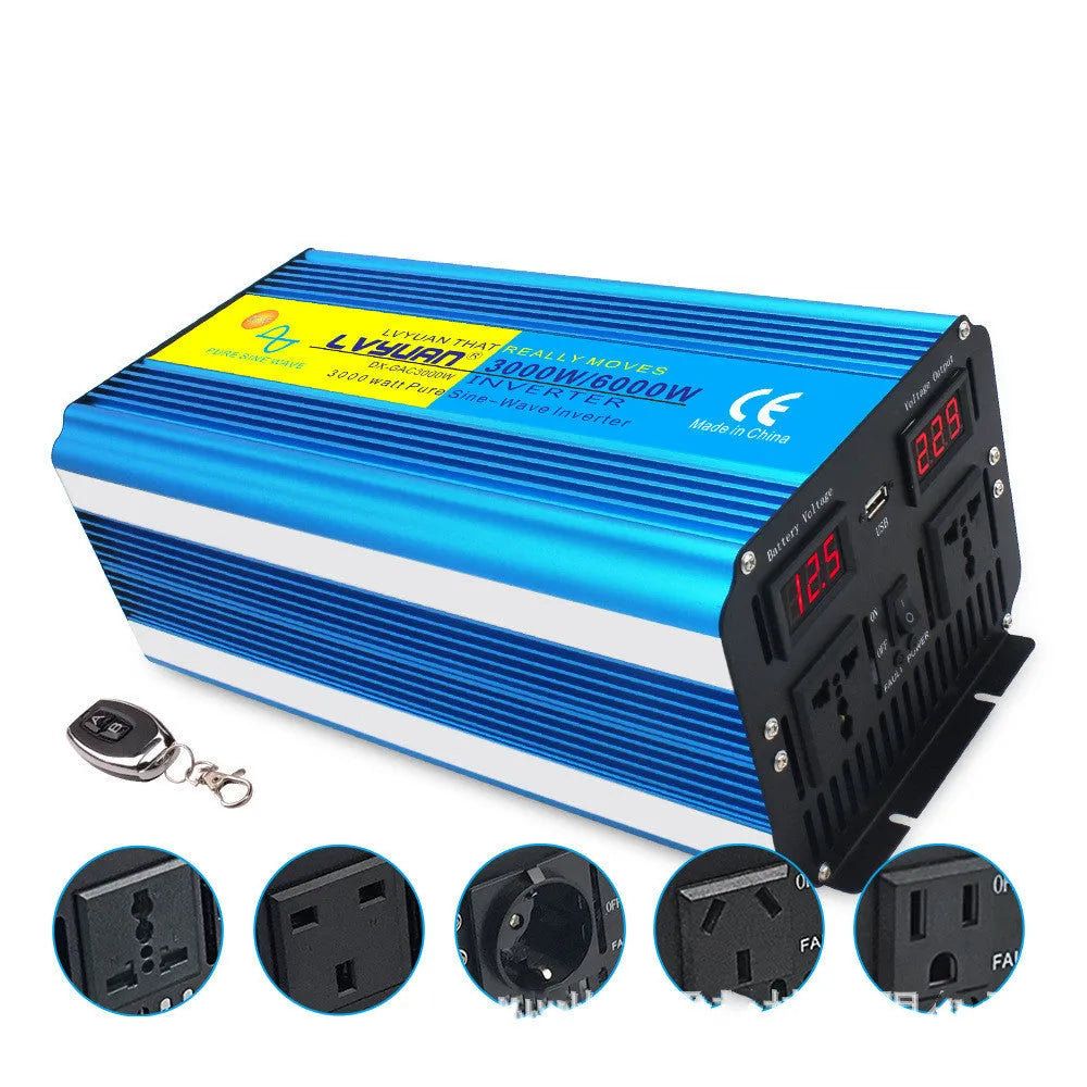 Blue 3000W pure sine wave power inverter with digital display and British Standard sockets