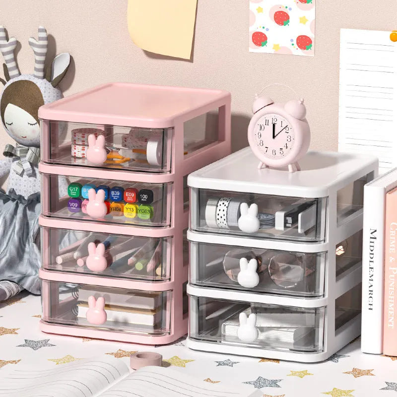 Pink rabbit cartoon desktop storage box with 4L capacity PP plastic drawer-type organizer for children's hair clips