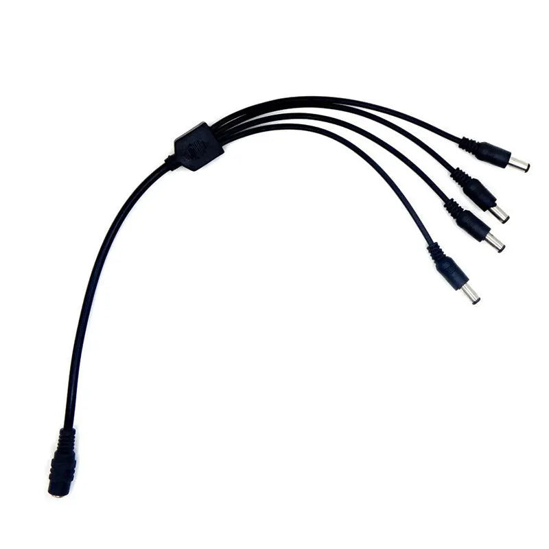 Black DC 1-in-4 power splitter cable with 5.5mm connectors for CCTV cameras