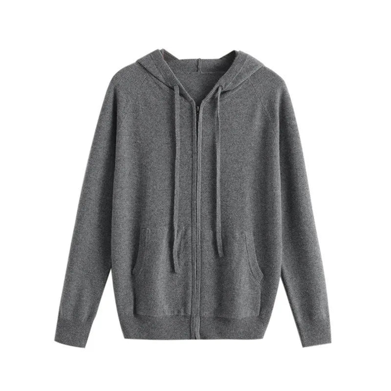 Men's grey hooded cashmere cardigan with full-length zipper showing regular fit design