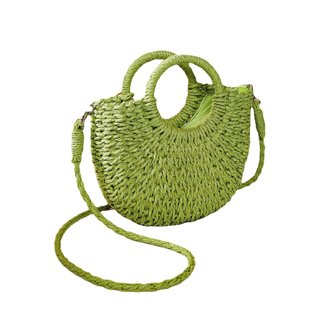 Woven straw crossbody beach bag in beige, 24cm height, peach skin lining, six colour options
