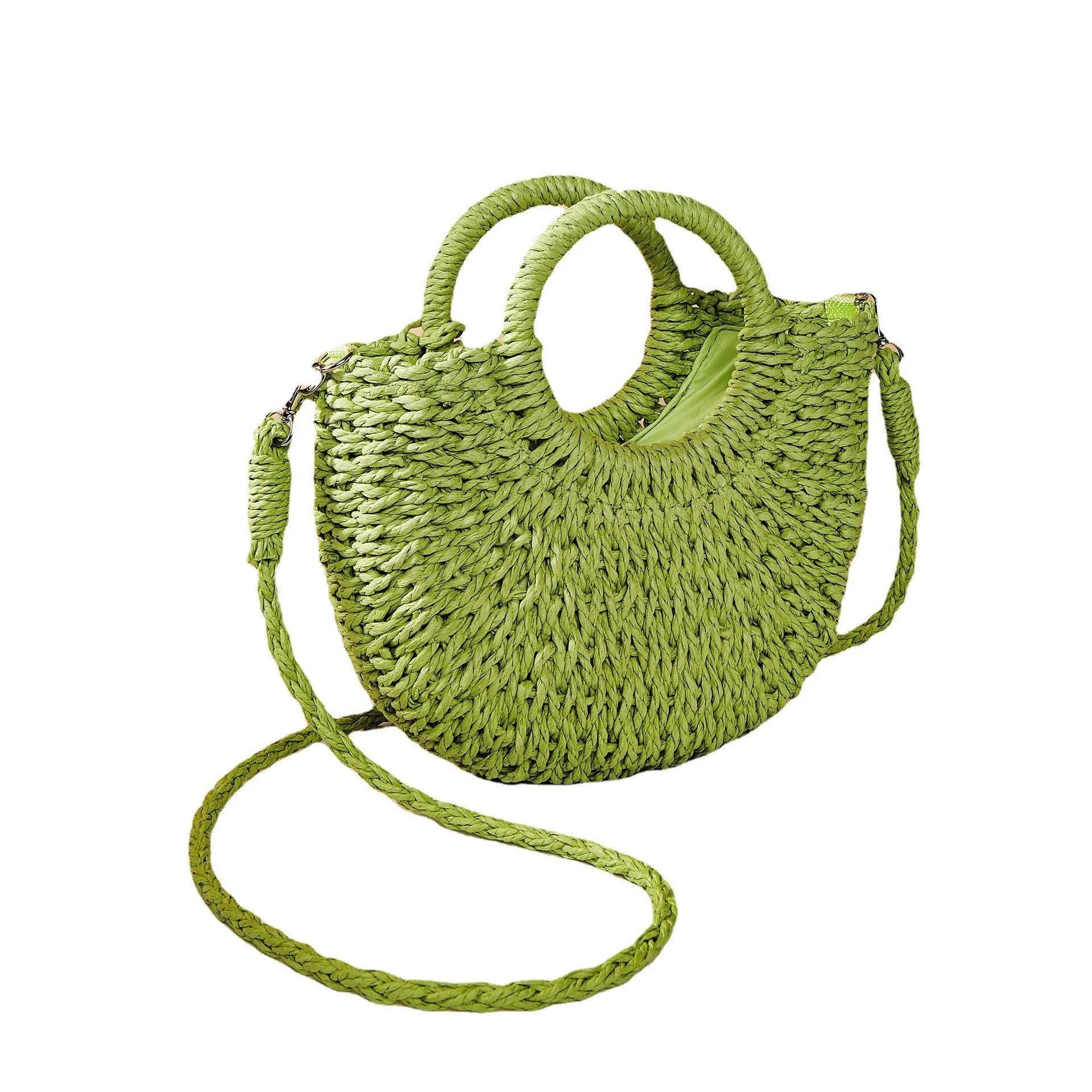 Woven straw crossbody beach bag in beige, 24cm height, peach skin lining, six colour options