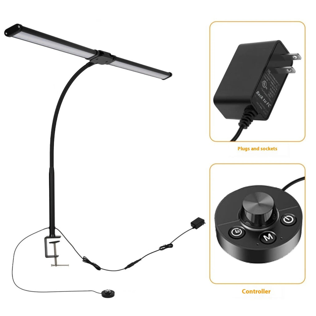Black LED double-headed gooseneck remote control desk lamp with eye protection on a wooden desk top