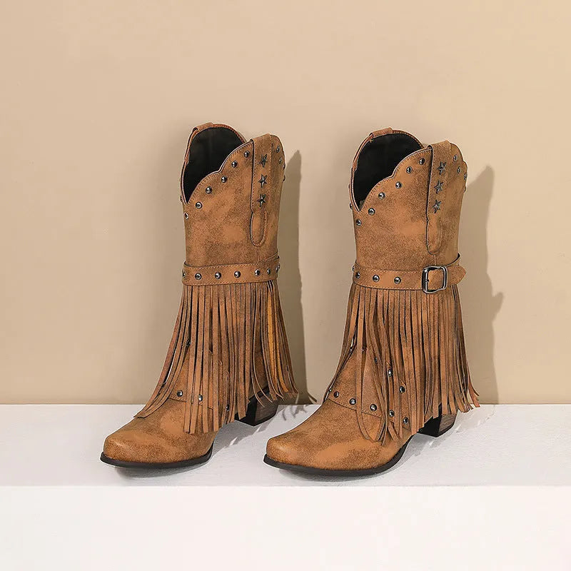 Women's Western belt buckle tassel middle boots in black with square toe and mid heel