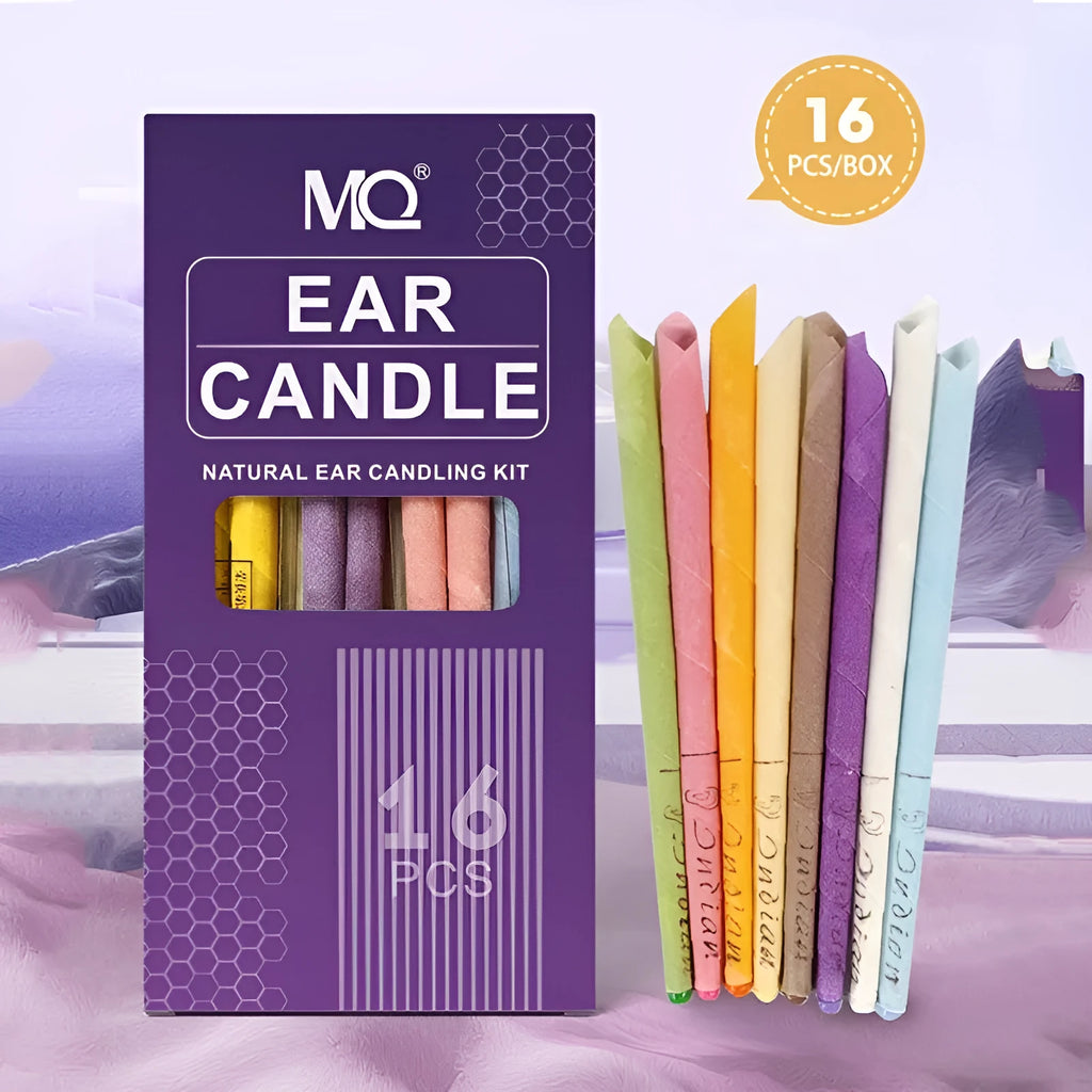 Ear candle health massage set showing 16 candles, 8 protection boards, and 16 cotton swabs in 8 different colours