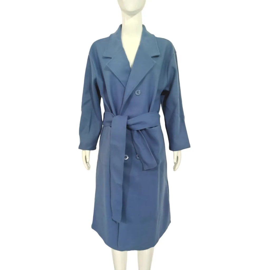 Blue waist-tie mid-length women's wool coat with long sleeves, pockets, and patchwork details