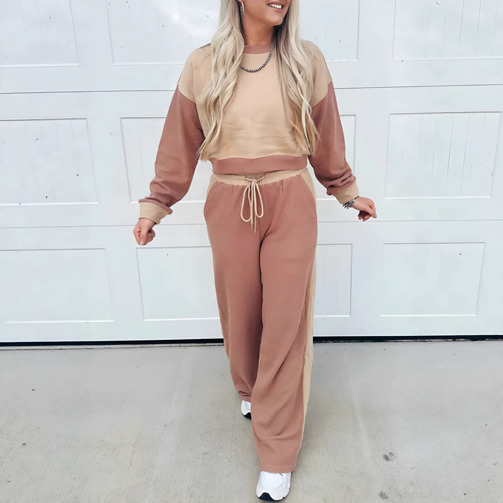 Women's camel cotton matching sports suit with top and trousers