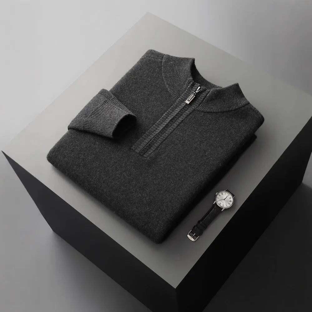 Men's heavy goat seven-needle thickened warm half-zip knit sweater in camel, dark gray or light gray, sizes S-XXXL.