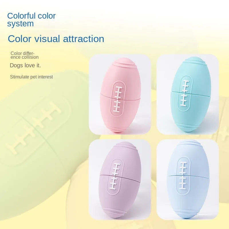 Blue silicone rugby ball shaped dog chew toy for boredom relief and interactive feeding.