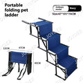 Folding stainless steel dog ladder ramp in navy blue, shown extended next to a car.