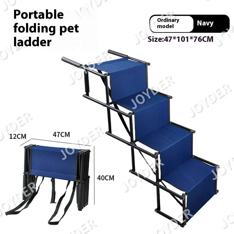 Folding stainless steel dog ladder ramp in navy blue, shown extended next to a car.