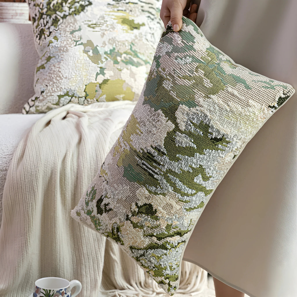 Antique green wool blended abstract pillow with spring flowers pattern in 50x50cm square size.