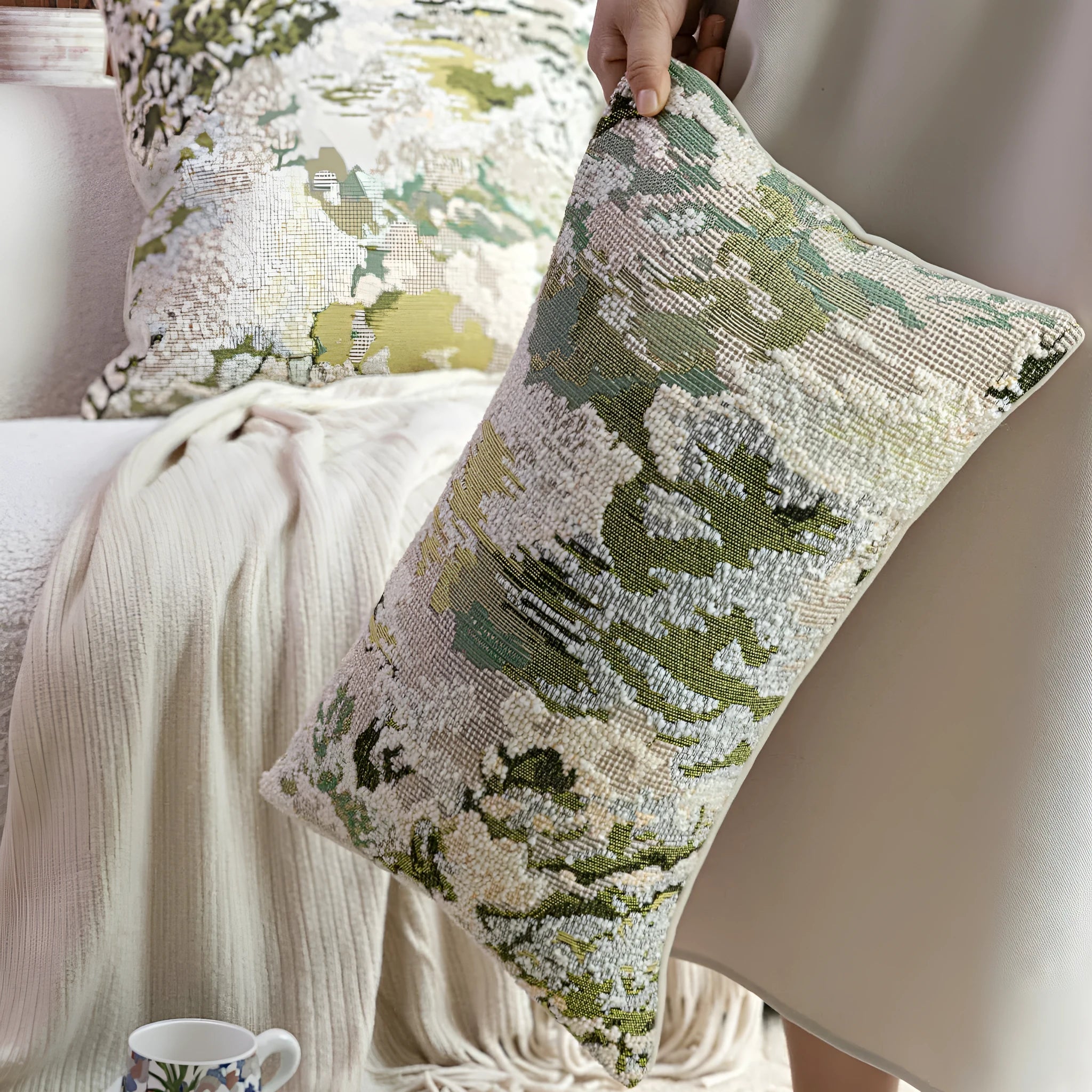Antique green wool blended abstract pillow with spring flowers pattern in 50x50cm square size.