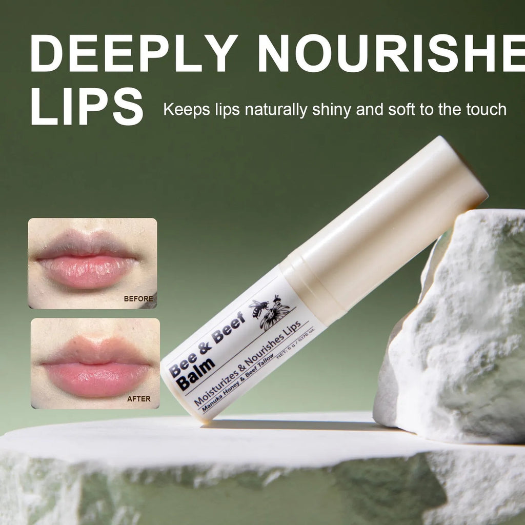 Organic grass-fed beef fat lip balm tube measuring 83mm with 5g content for dry lips