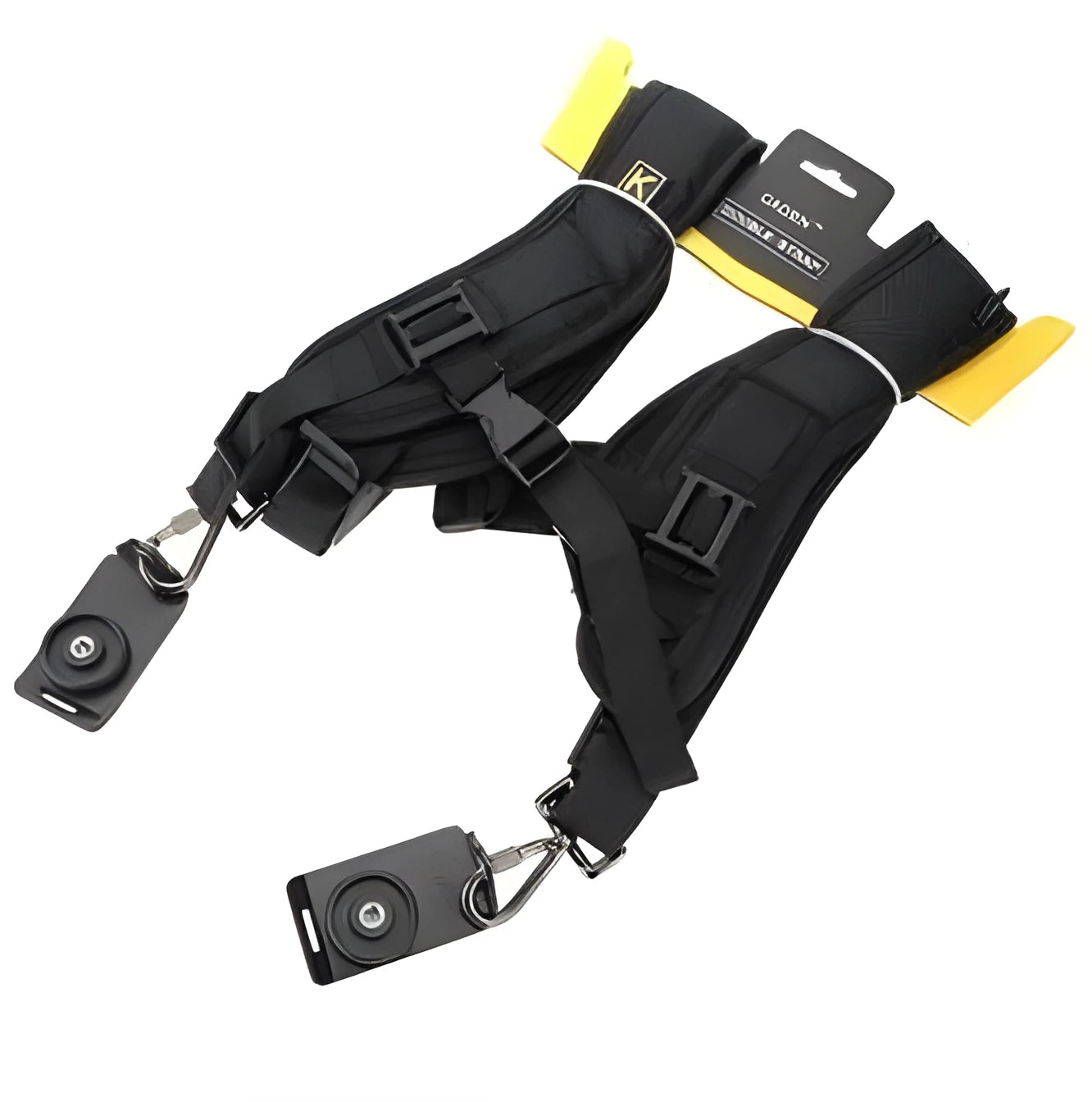 Black professional dual SLR camera shoulder strap with padded adjustable straps