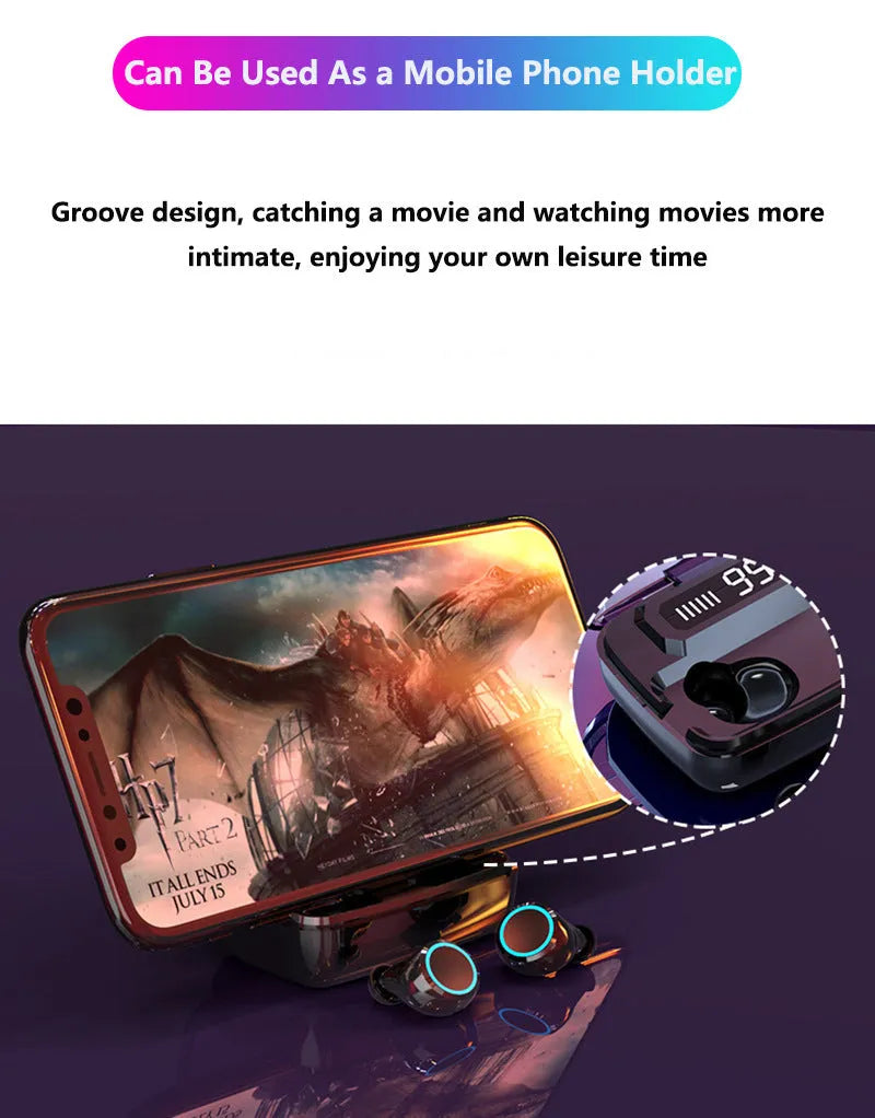 Black M11 style Bluetooth wireless headset with digital display and phone holder.