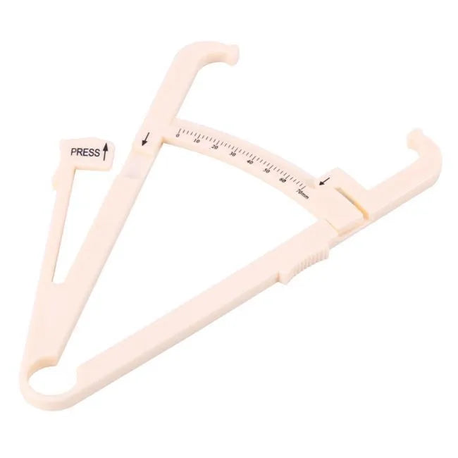 Clear acrylic body fat caliper skin fold thickness measuring instrument on a white background