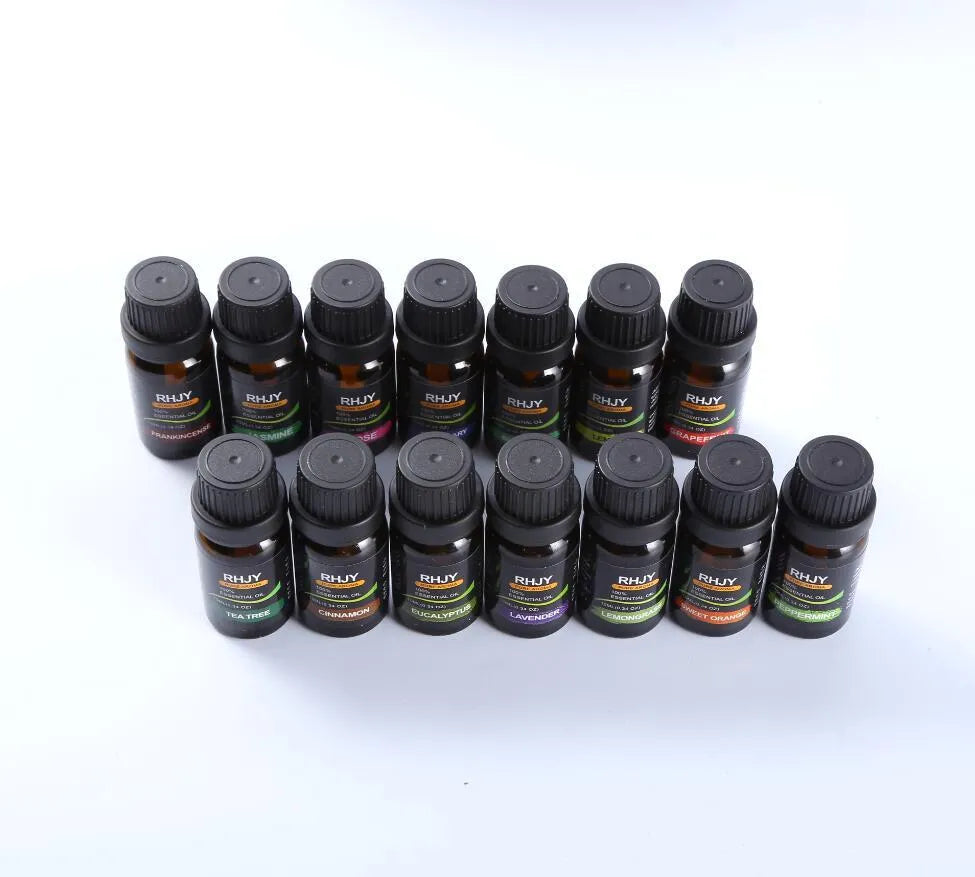 Aromatherapy essential oil set with 14 x 10ml bottles in 14 fragrances including lavender, lemon, and eucalyptus.