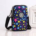 Women's vertical Oxford fabric mobile phone bag with zipper and printed design, showing internal key loop.