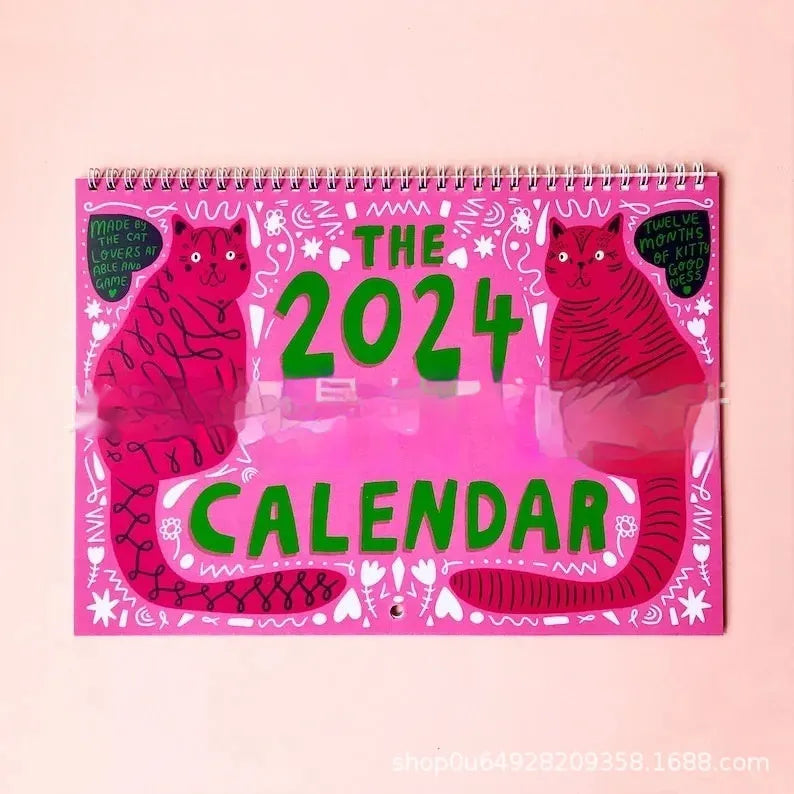 Cat calendar wall planner for 2024 or 2025 on a 42x30 cm paper sheet