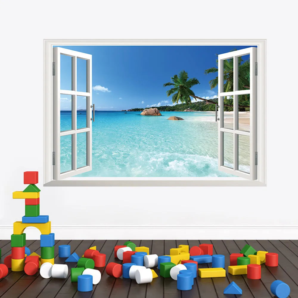 Sea view window wall sticker PVC mural 60x90cm with fire retardant and antifouling functions