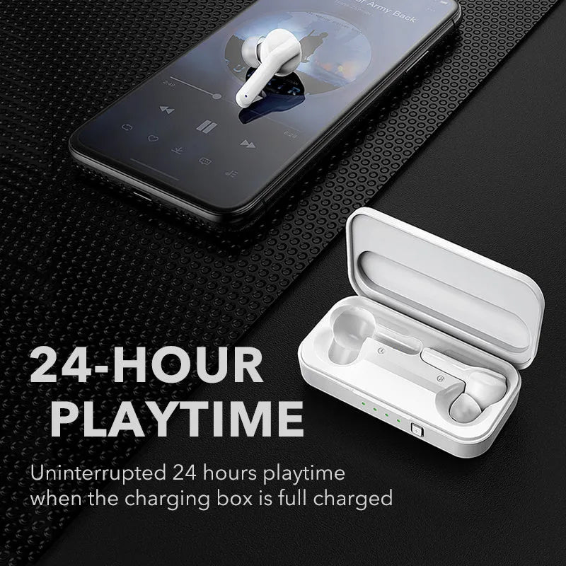 Black and white true wireless stereo earbuds with charging case, featuring Bluetooth 5.0 and IPX5 waterproof rating.