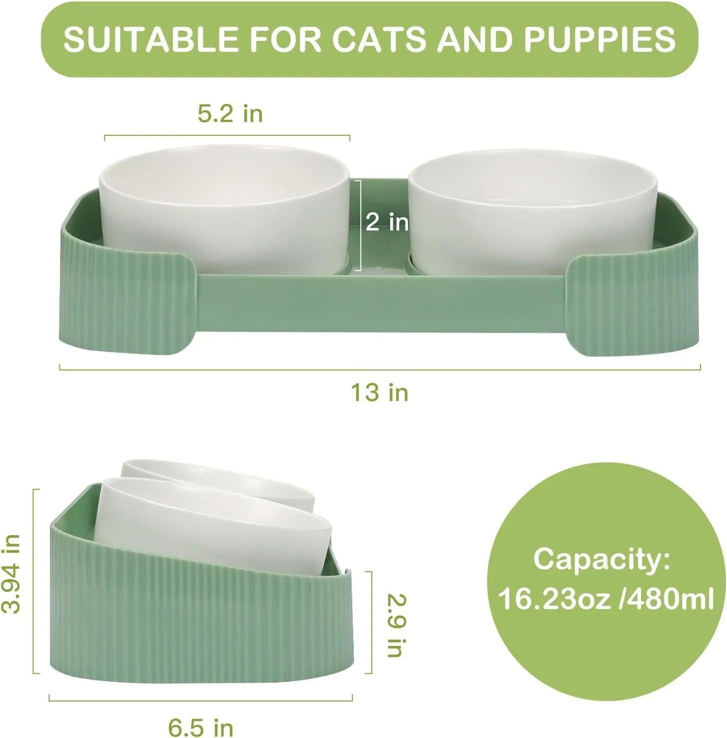 Green ceramic raised cat bowl set with two bowls on a 15° tilted stand and non-slip base.