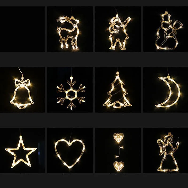 Christmas LED decorative light with suction cup showing Santa Claus, elk and snowman designs on window