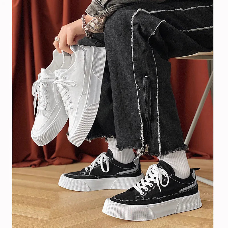 Canvas low top platform men's sneakers with cotton lining, 3-5cm mid heel, available in black or white