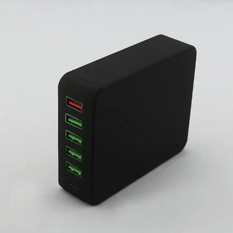 Black multi-port USB mobile phone charger with 8000mA current, 5V output and AU EU UK US model options