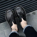 Men's British style genuine leather slip-on loafers in black, brown, or yellow, sizes 38-49