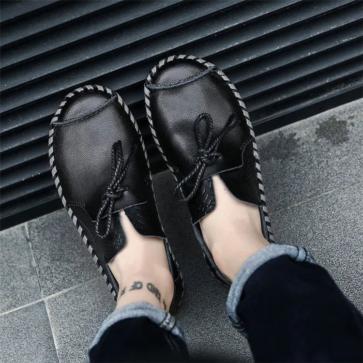 Men's British style genuine leather slip-on loafers in black, brown, or yellow, sizes 38-49