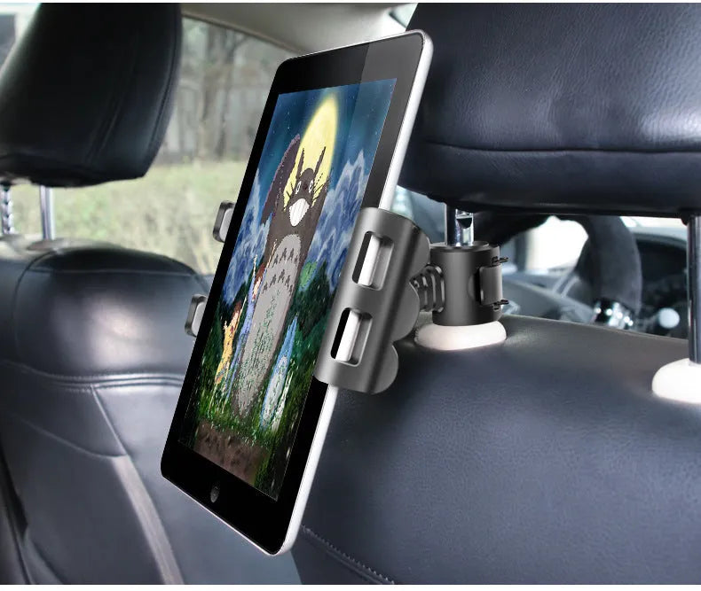 Car headrest mounting bracket holding tablet with 360-degree rotation adjustment