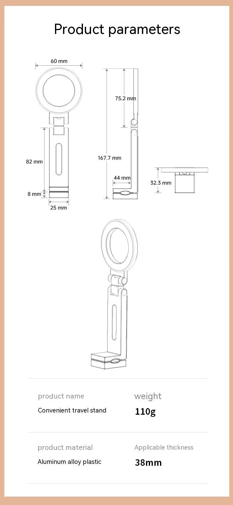 360-degree rotating folding travel mobile phone magnetic bracket in aluminium alloy, grey, 17cm length