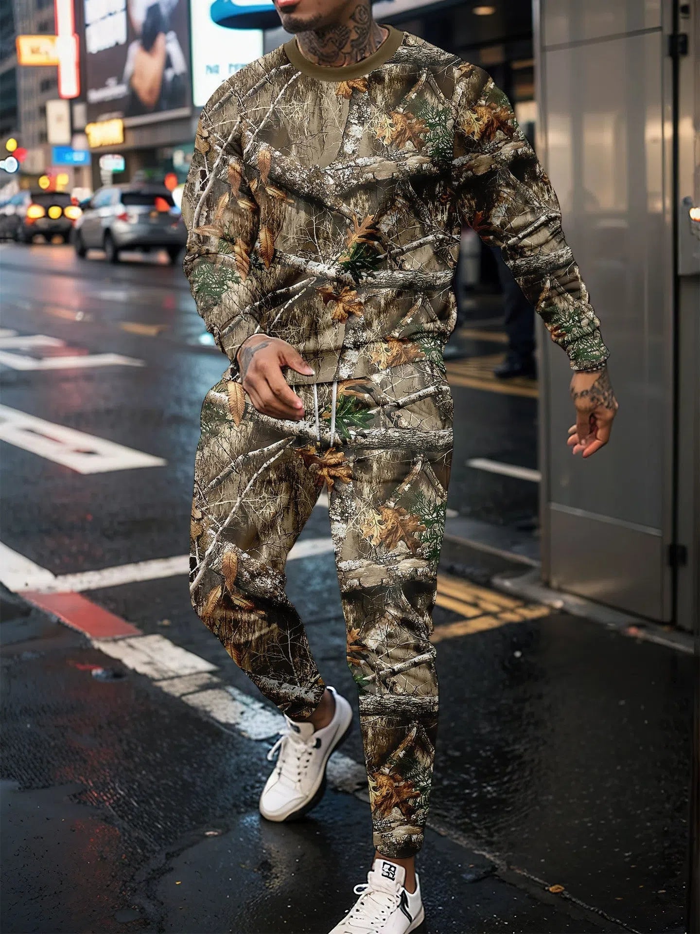 Men's round neck jungle camouflage long sleeve top and trousers sportswear set on model