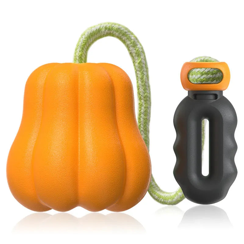 Orange pumpkin-coloured plastic dog chew toy shaped like a molar with a rope handle.