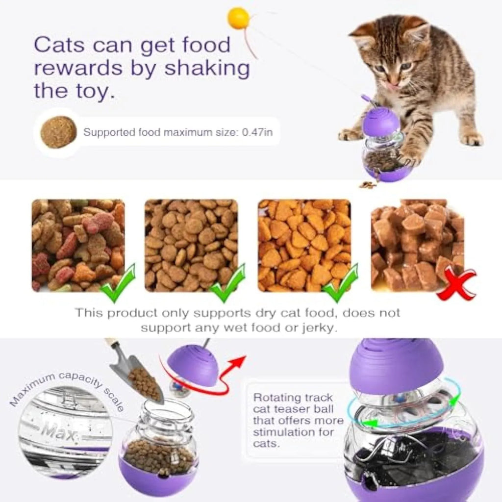 Electric yellow cat interactive toy wand with slow food dispenser, teaser stick, ball, and ribbon.