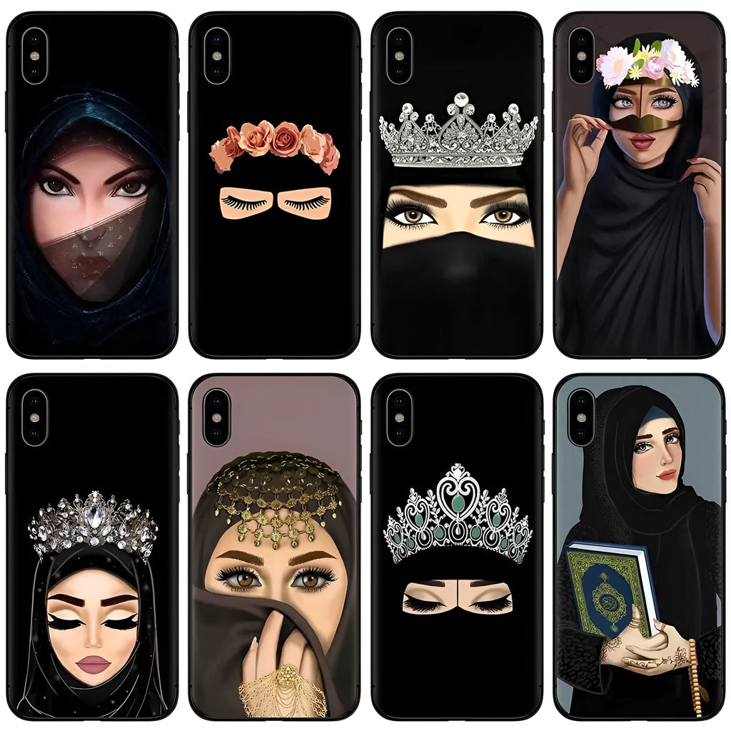 Islamic hijab design phone case with rhinestone and floral decoration for iPhone, on a TPU back cover.