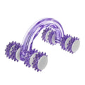 Blue plastic body massager with eight roller wheels and ergonomic handle, 13 x 9 cm, on a clean white background