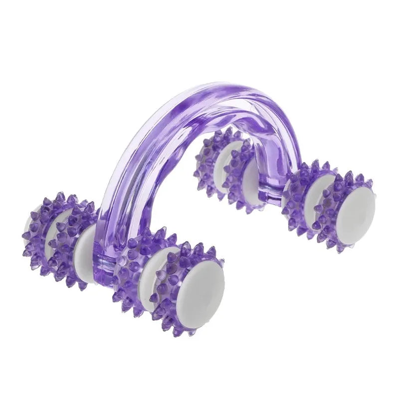 Blue plastic body massager with eight roller wheels and ergonomic handle, 13 x 9 cm, on a clean white background