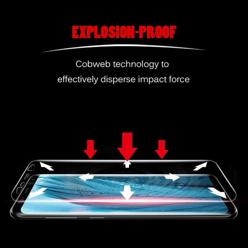 Curved hydrogel screen protector for Samsung Galaxy phone on a purple background.
