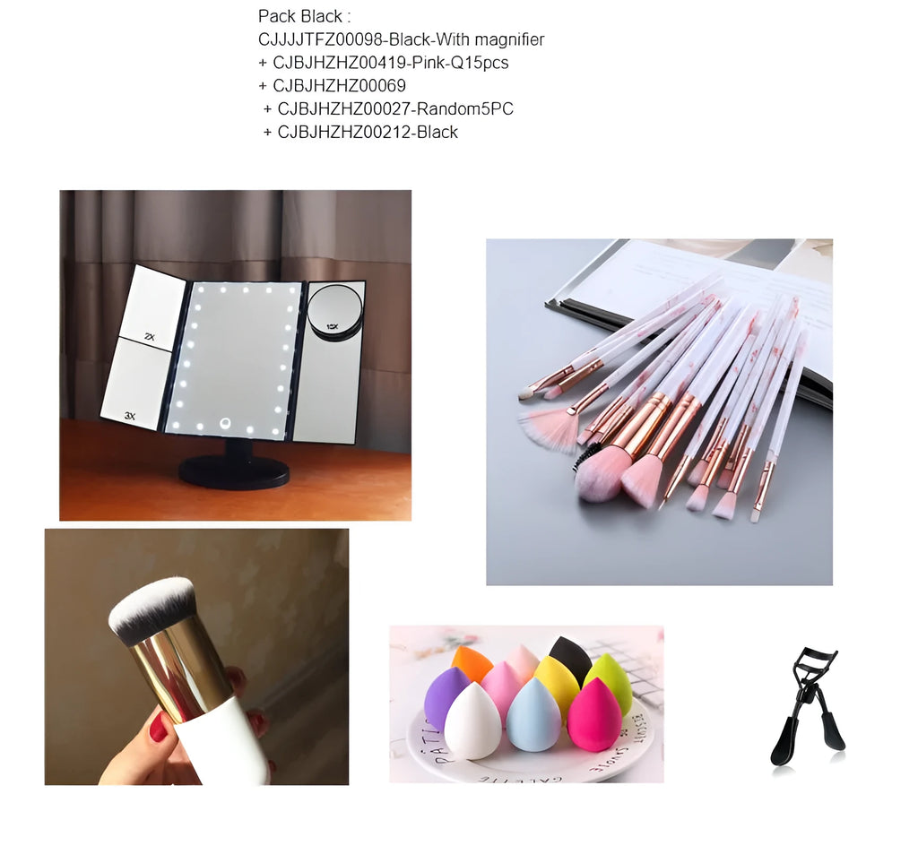 Makeup mirror and brush powder puff suit with magnifier, pink 15-piece brush set, sponge set, random brush pack and black tool