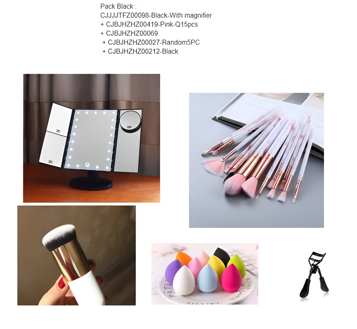 Makeup mirror and brush powder puff suit with magnifier, pink 15-piece brush set, sponge set, random brush pack and black tool